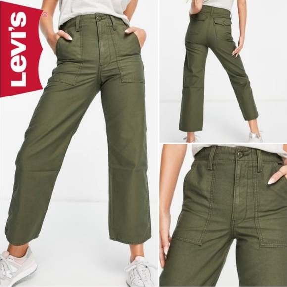 Levi’s Ribcage Straight High Rise Olive Utility Patch Pocket Pants Size 31 - Picture 1 of 9